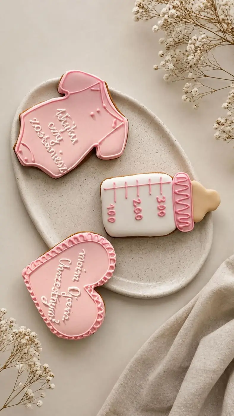 Pudrowe ciasteczka na baby shower: body, butelka i serca